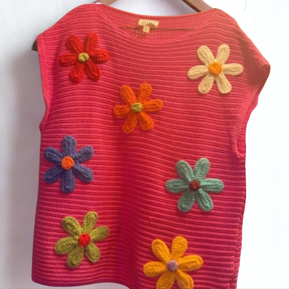 BiBi Pink Knit Top with Colorful Floral Accents